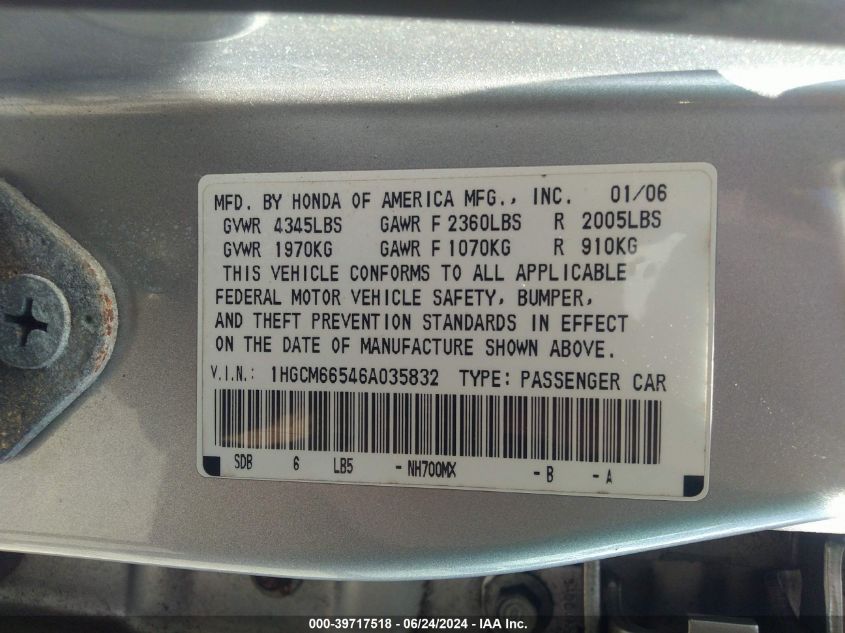 2006 Honda Accord 3.0 Ex VIN: 1HGCM66546A035832 Lot: 39717518