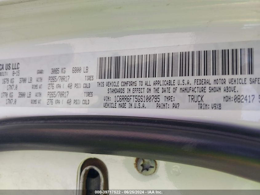 2016 Ram 1500 Tradesman VIN: 1C6RR6FT5GS100795 Lot: 39717522