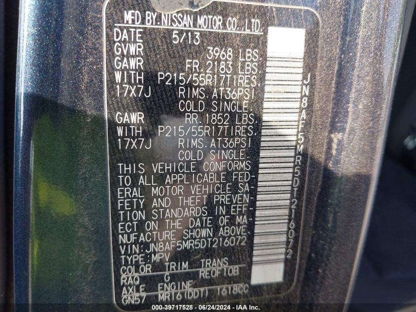 2013 Nissan Juke Sv VIN: JN8AF5MR5DT216072 Lot: 39717528