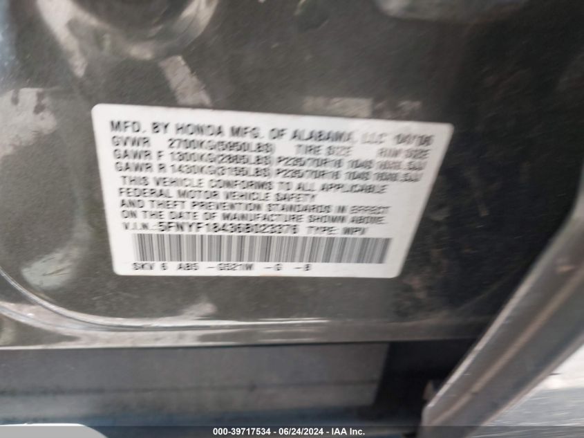 2006 Honda Pilot Ex VIN: 5FNYF18436B023376 Lot: 39717534