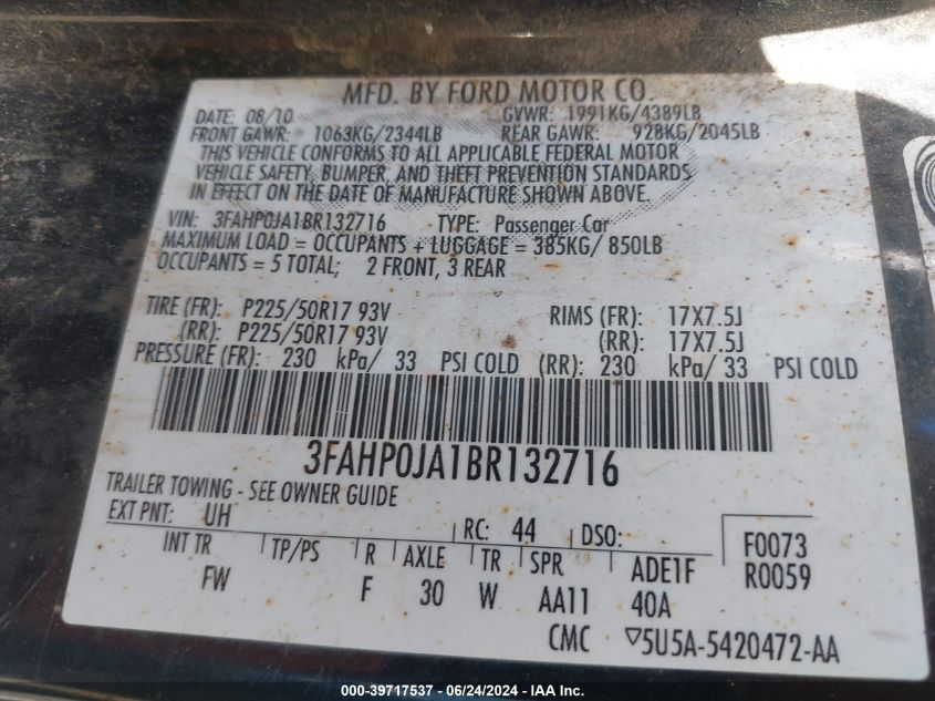 2011 Ford Fusion Sel VIN: 3FAHP0JA1BR132716 Lot: 39717537