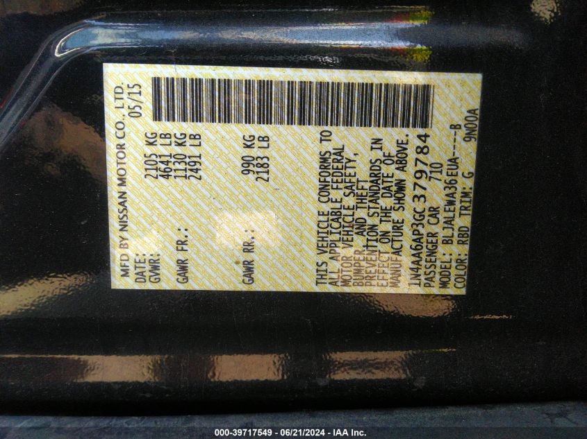2016 Nissan Maxima 3.5 Sl VIN: 1N4AA6AP3GC379784 Lot: 39717549