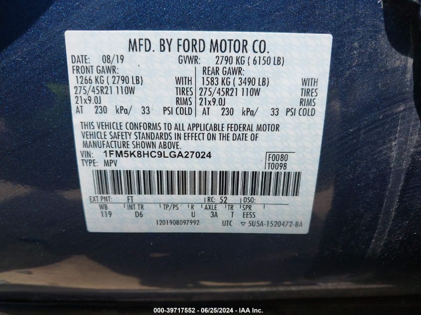 2020 Ford Explorer Platinum VIN: 1FM5K8HC9LGA27024 Lot: 39717552