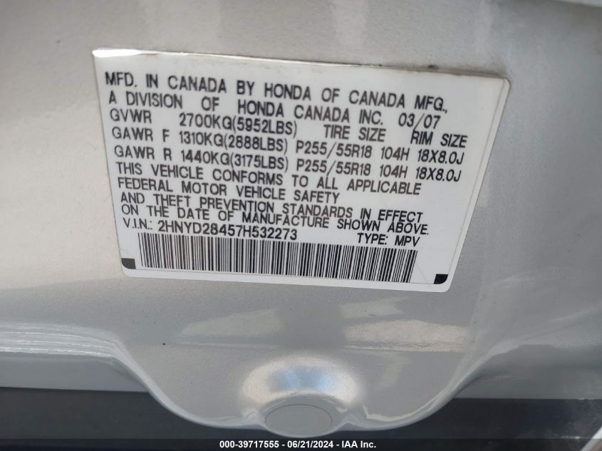 2007 Acura Mdx Technology Package VIN: 2HNYD28457H532273 Lot: 39717555