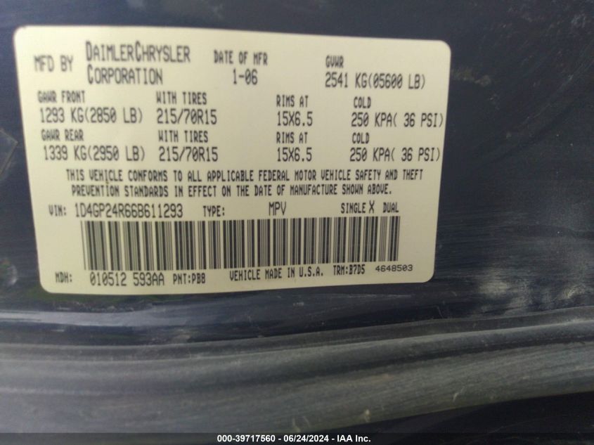 2006 Dodge Grand Caravan Se VIN: 1D4GP24R66B611293 Lot: 39717560