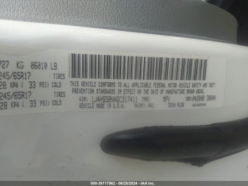 2006 Jeep Grand Cherokee Limited VIN: 1J4HS58NX6C317411 Lot: 39717562
