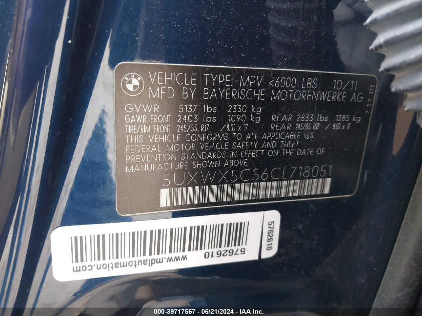 2012 BMW X3 xDrive28I VIN: 5UXWX5C56CL718051 Lot: 39717567