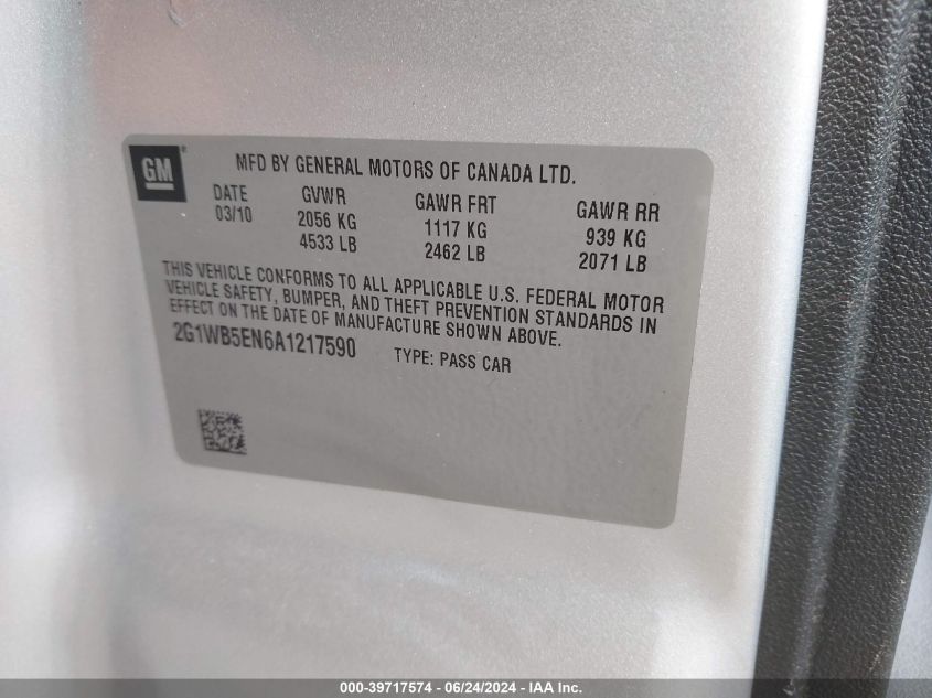 2010 Chevrolet Impala Lt VIN: 2G1WB5EN6A1217590 Lot: 39717574