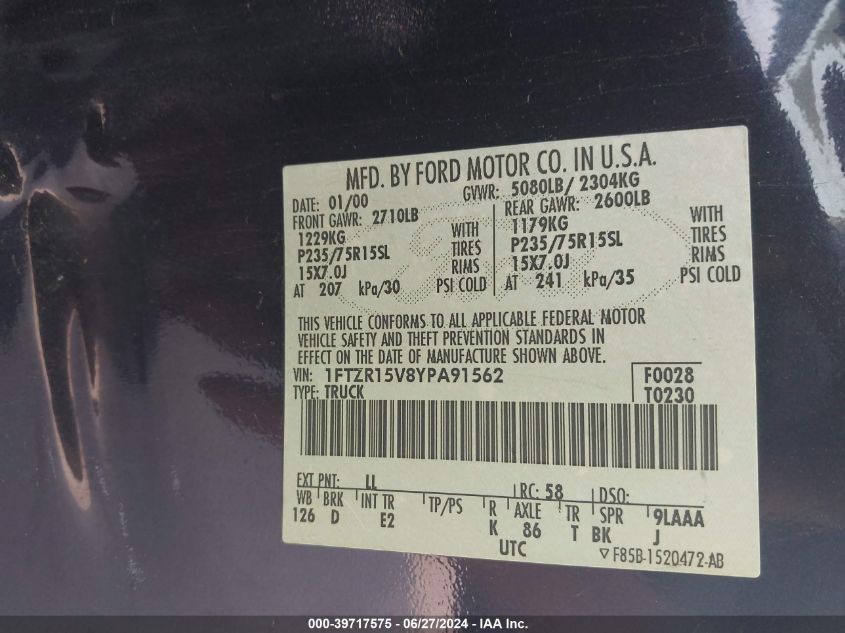 2000 Ford Ranger Super Cab VIN: 1FTZR15V8YPA91562 Lot: 39717575