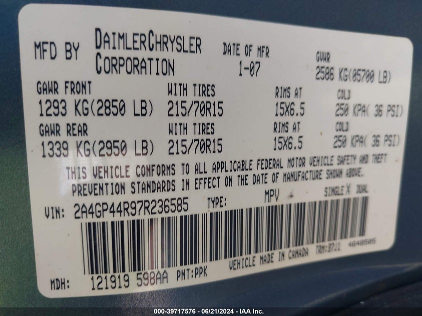 2007 Chrysler Town & Country Lx VIN: 2A4GP44R97R236585 Lot: 39717576