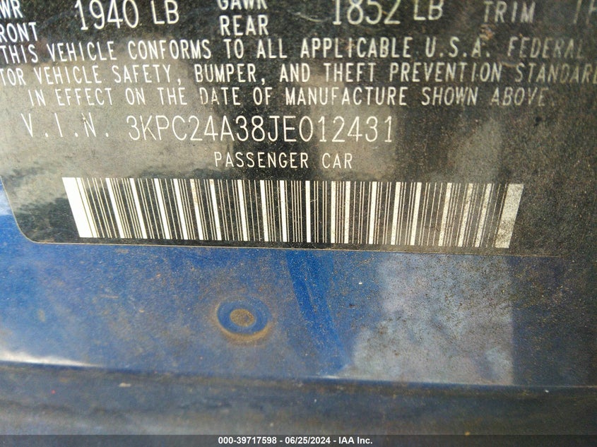 2018 Hyundai Accent Se/Sel VIN: 3KPC24A38JE012431 Lot: 39717598