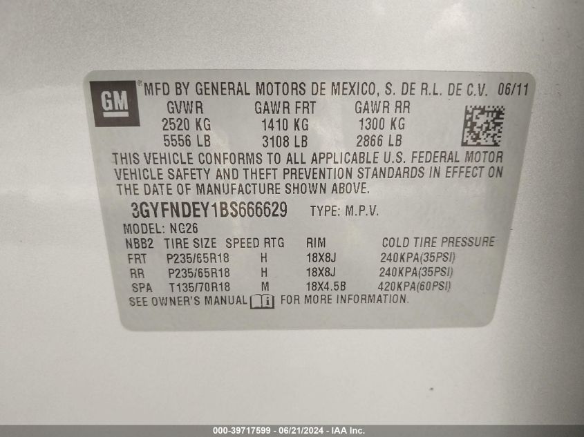 2011 Cadillac Srx Luxury Collection VIN: 3GYFNDEY1BS666629 Lot: 39717599