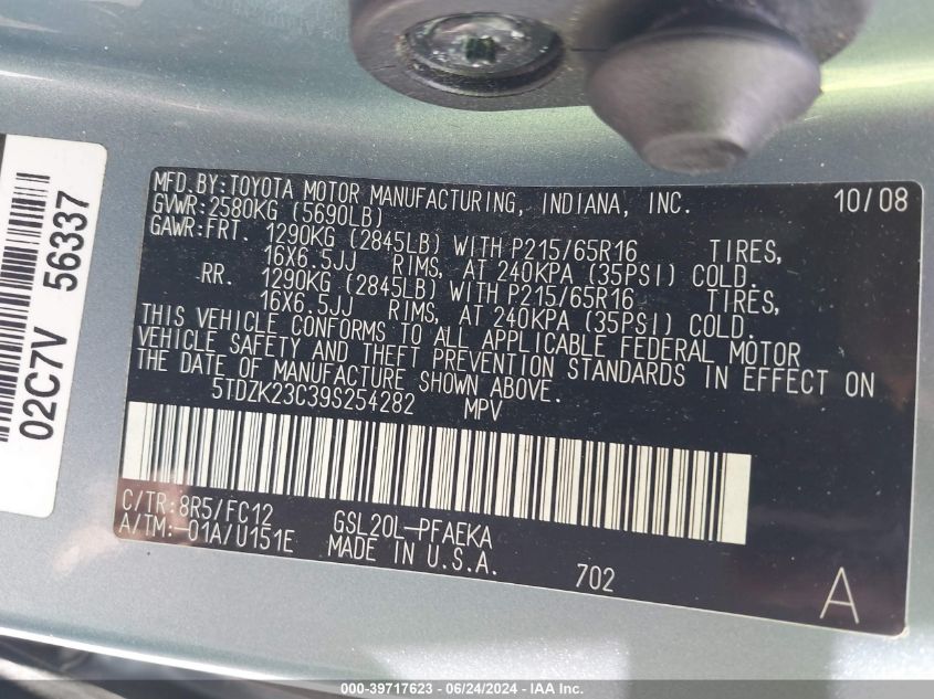 2009 Toyota Sienna Le VIN: 5TDZK23C39S254282 Lot: 39717623