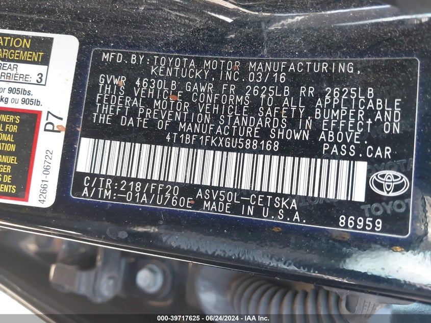 2016 Toyota Camry Se VIN: 4T1BF1FKXGU588168 Lot: 39717625