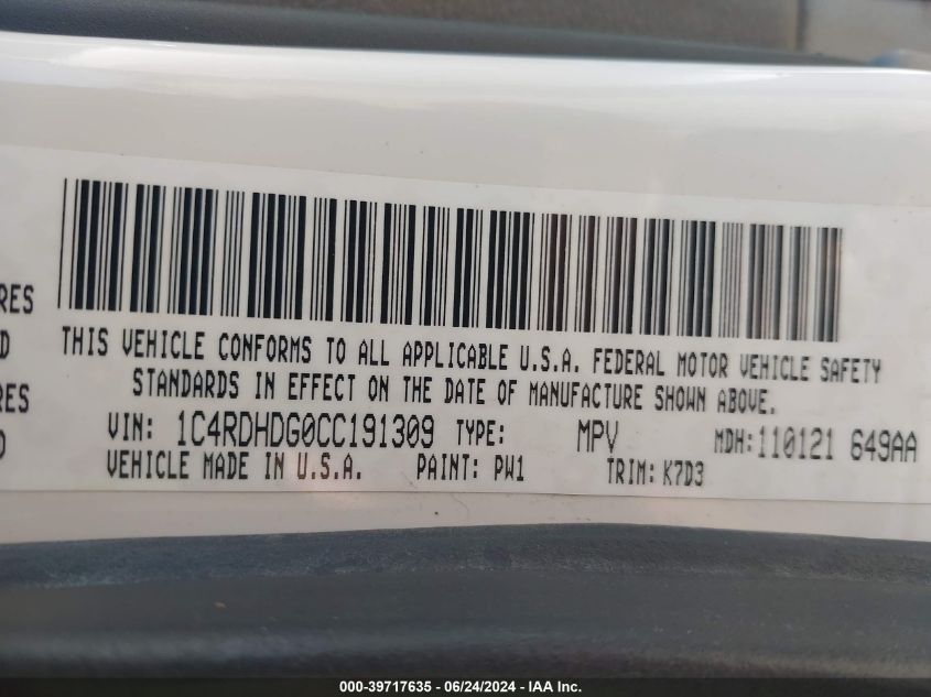 2012 Dodge Durango Crew VIN: 1C4RDHDG0CC191309 Lot: 39717635