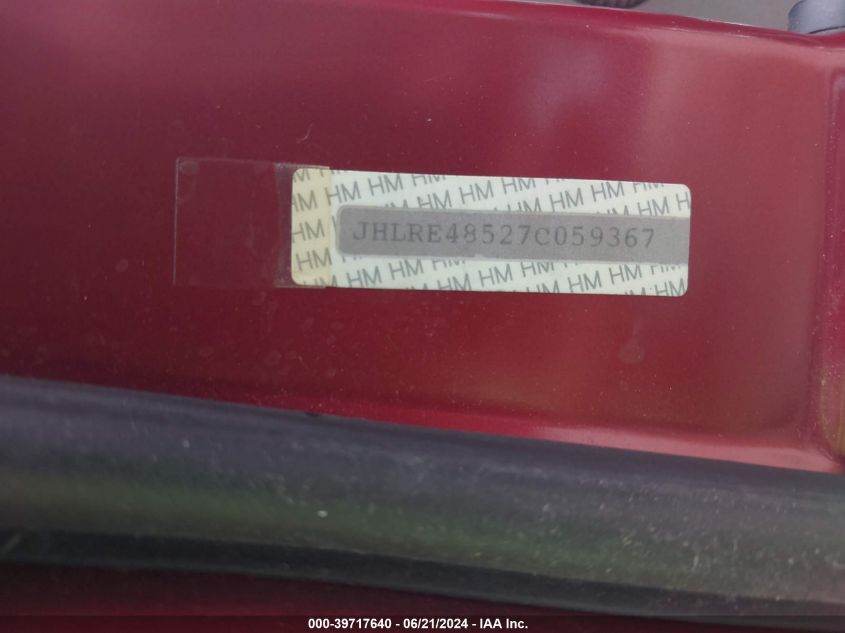 2007 Honda Cr-V Ex VIN: JHLRE48527C059367 Lot: 39717640