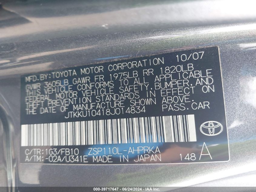 2008 Scion Xd VIN: JTKKU10418J014834 Lot: 39717647