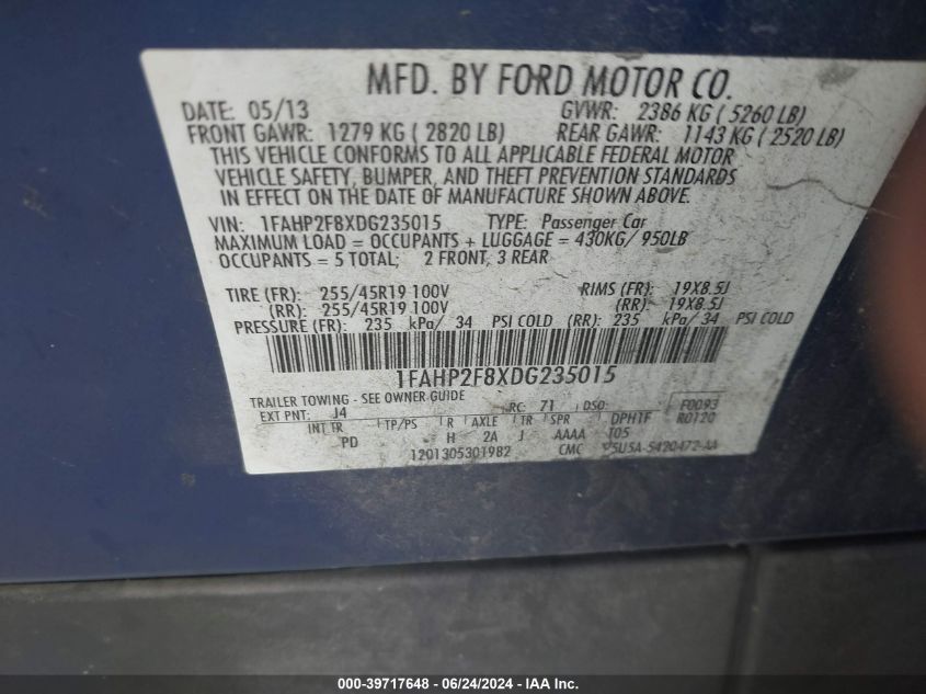 2013 Ford Taurus Limited VIN: 1FAHP2F8XDG235015 Lot: 39717648