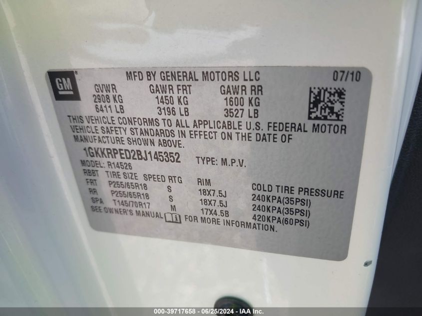 2011 GMC Acadia Sle VIN: 1GKKRPED2BJ145352 Lot: 39717658