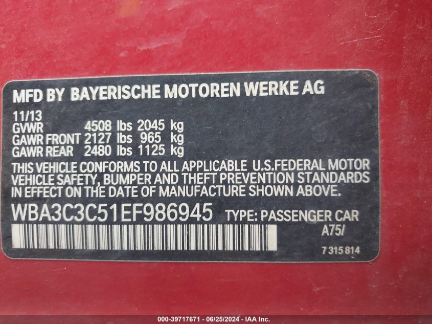 2014 BMW 320I xDrive VIN: WBA3C3C51EF986945 Lot: 39717671