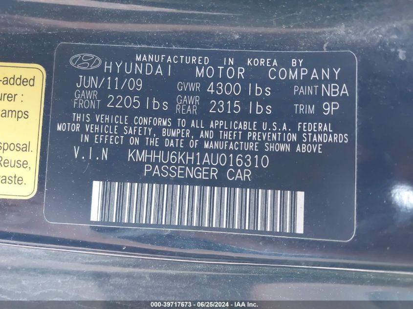 2010 Hyundai Genesis 3.8 Track VIN: KMHHU6KH1AU016310 Lot: 39717673