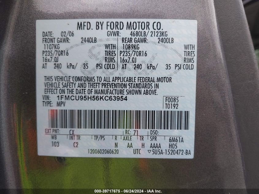 2006 Ford Escape Hybrid VIN: 1FMCU95H56KC63954 Lot: 39717675