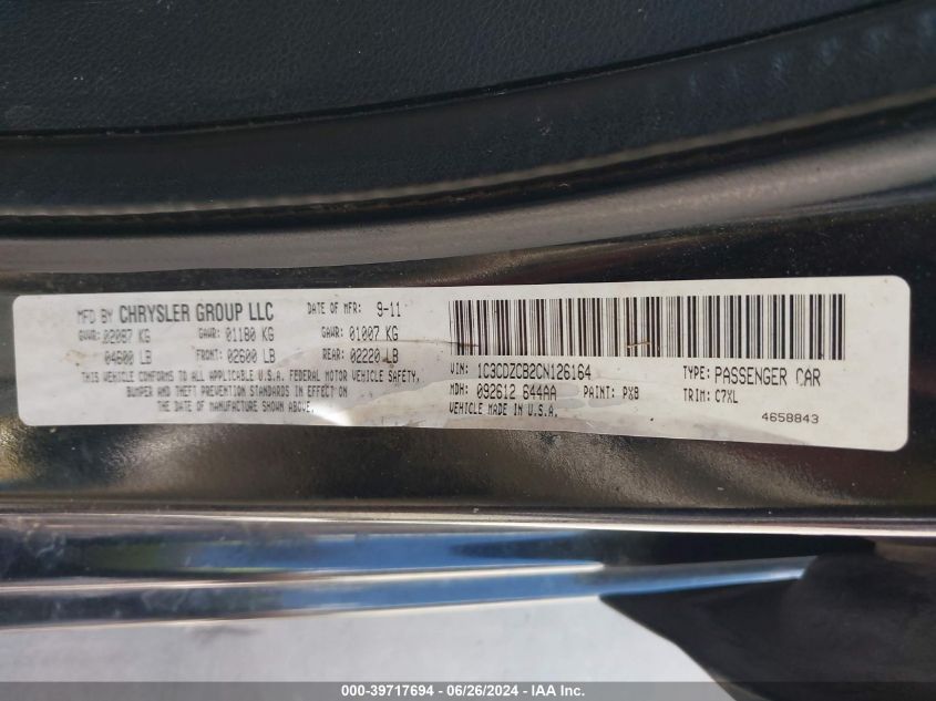 2012 Dodge Avenger Sxt VIN: 1C3CDZCB2CN126164 Lot: 39717694