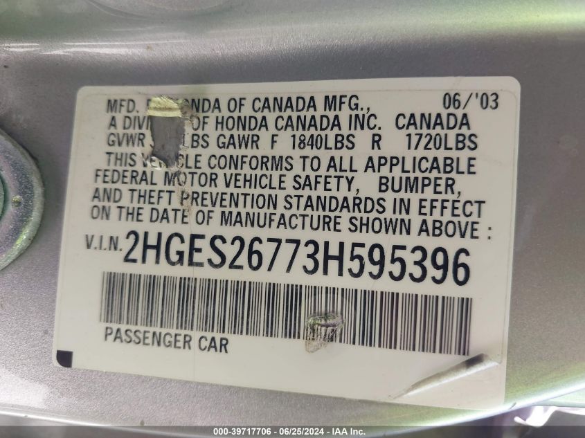 2003 Honda Civic Ex VIN: 2HGES26773H595396 Lot: 39717706