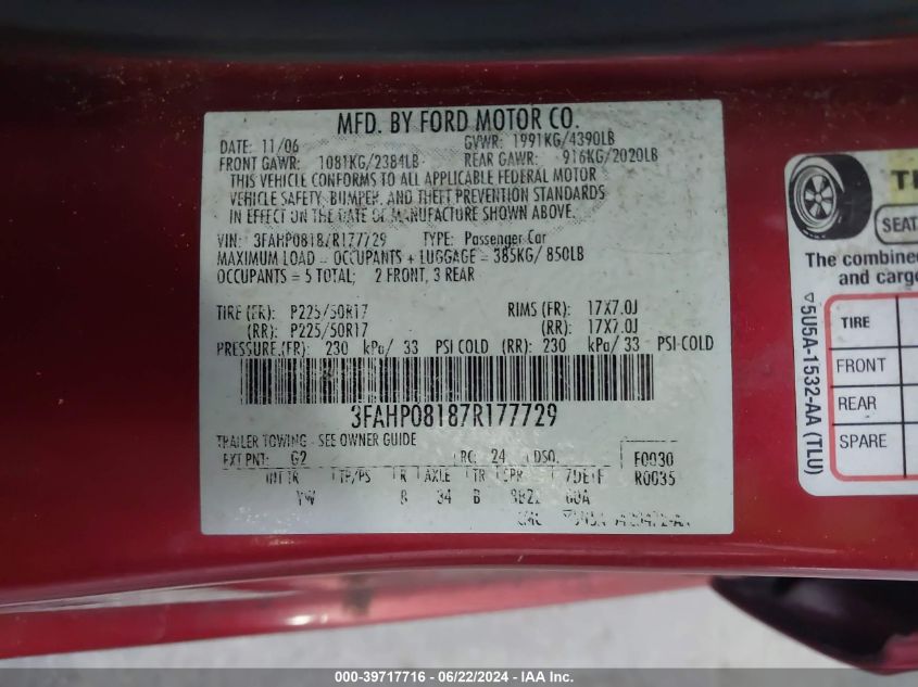 2007 Ford Fusion Sel VIN: 3FAHP08187R177729 Lot: 39717716