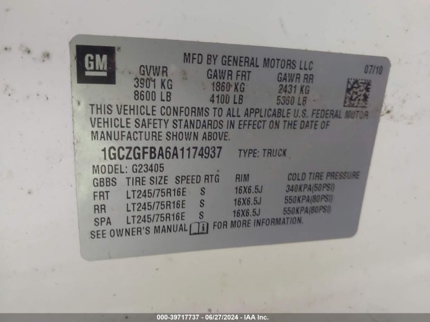 2010 Chevrolet Express 2500 Work Van VIN: 1GCZGFBA6A1174937 Lot: 39717737