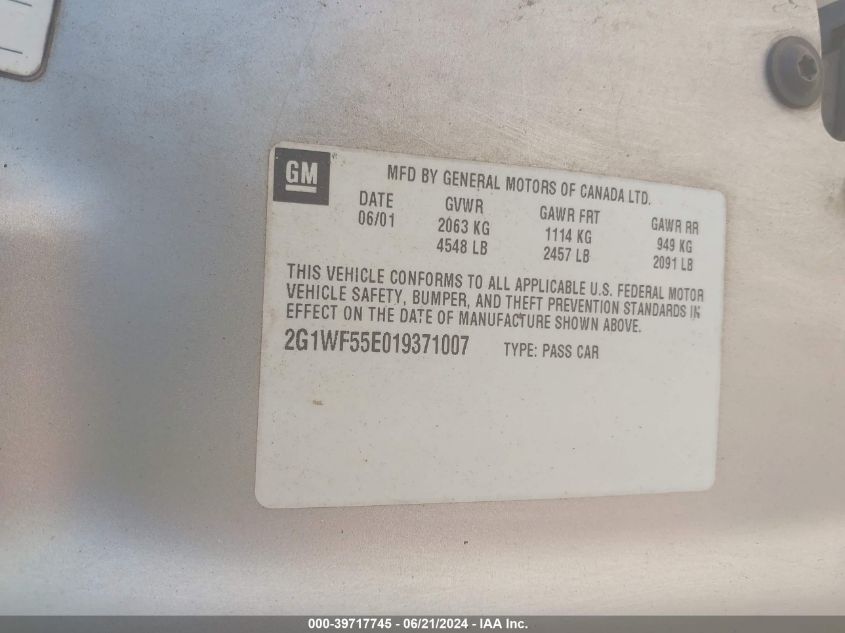 2001 Chevrolet Impala VIN: 2G1WF55E019371007 Lot: 39717745