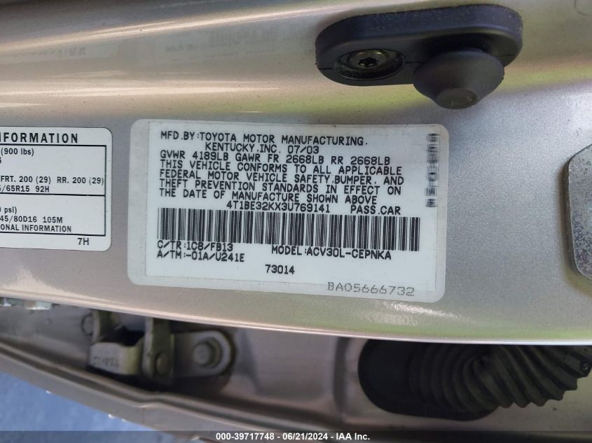 2003 Toyota Camry Le VIN: 4T1BE32KX3U769141 Lot: 39717748