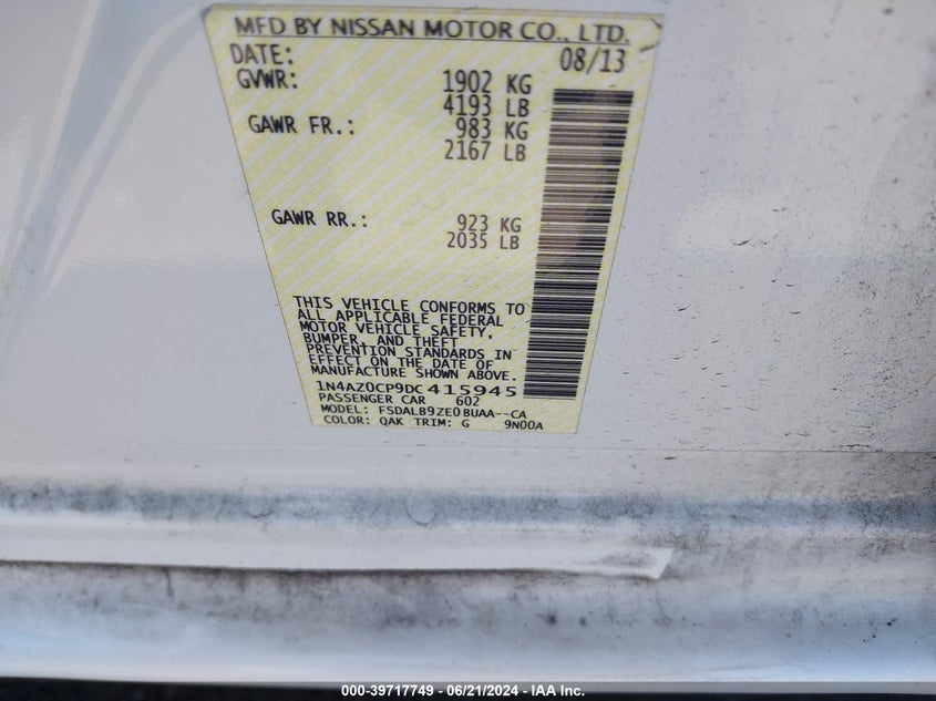 2013 Nissan Leaf S VIN: 1N4AZ0CP9DC415945 Lot: 39717749