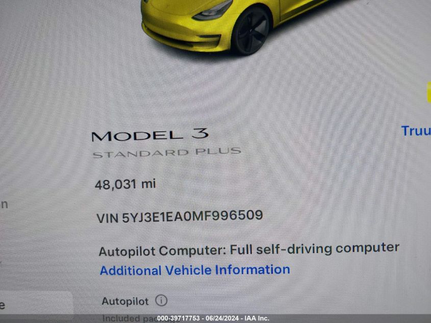 2021 Tesla Model 3 Standard Range Plus Rear-Wheel Drive VIN: 5YJ3E1EA0MF996509 Lot: 39717753