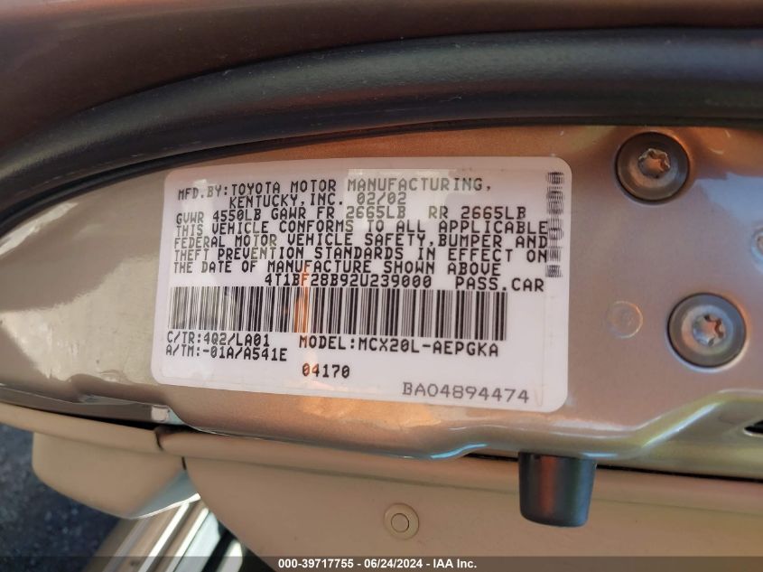 2002 Toyota Avalon Xls VIN: 4T1BF28B92U239000 Lot: 39717755