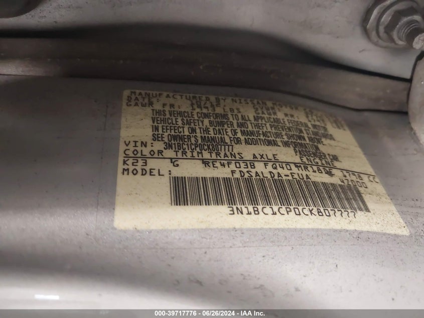 2012 Nissan Versa S/Sl VIN: 3N1BC1CP0CK807777 Lot: 39717776