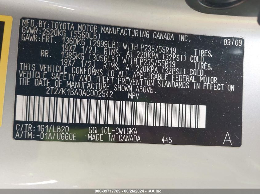 2010 Lexus Rx 350 VIN: 2T2ZK1BA0AC002542 Lot: 39717789