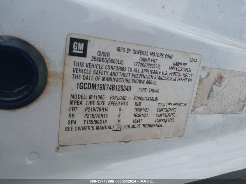 2004 Chevrolet Astro VIN: 1GCDM19X74B120349 Lot: 39717806