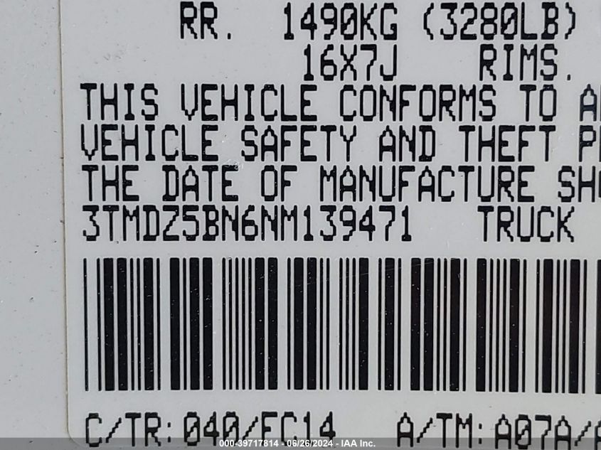 2022 Toyota Tacoma Sr5 V6 VIN: 3TMDZ5BN6NM139471 Lot: 39717814