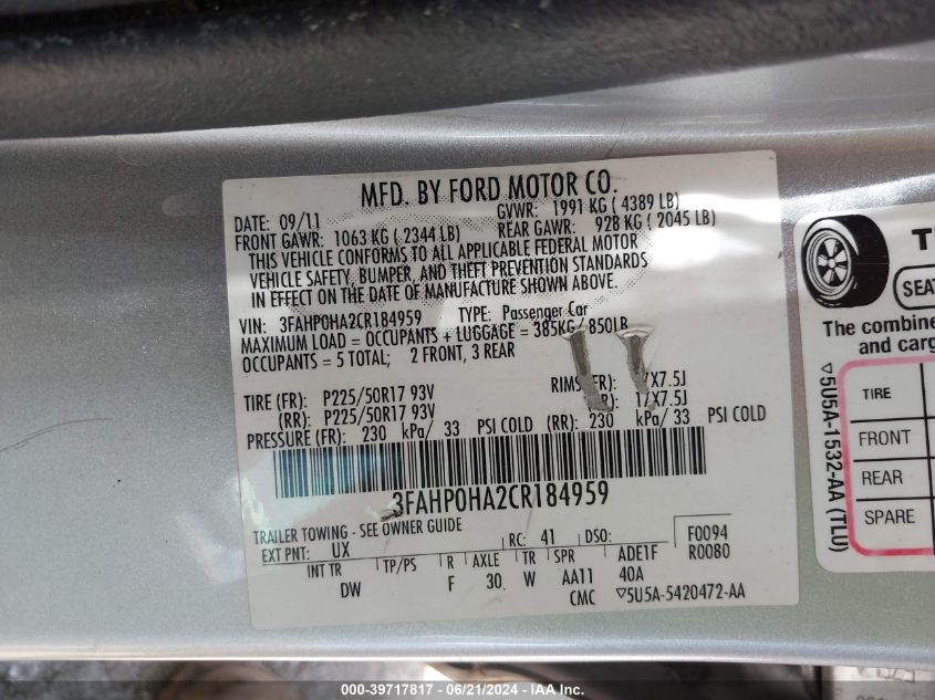2012 Ford Fusion Se VIN: 3FAHP0HA2CR184959 Lot: 39717817