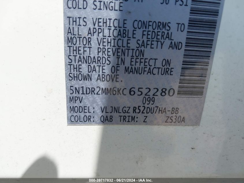 2019 Nissan Pathfinder Sl VIN: 5N1DR2MM6KC652280 Lot: 39717832