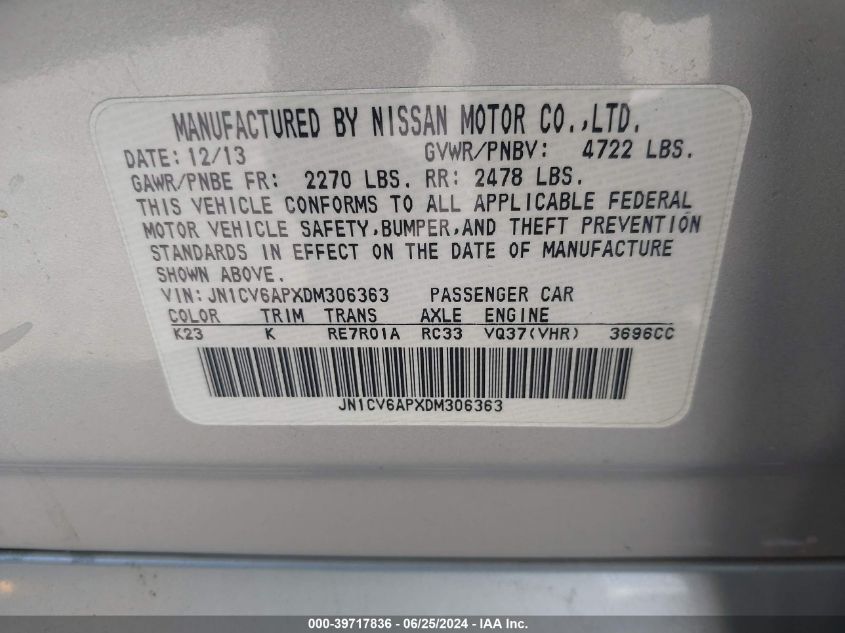 2013 Infiniti G37 Journey/Sport VIN: JN1CV6APXDM306363 Lot: 39717836