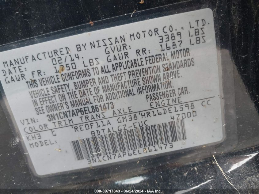 2014 Nissan Versa 1.6 Sl VIN: 3N1CN7AP6EL861473 Lot: 39717843