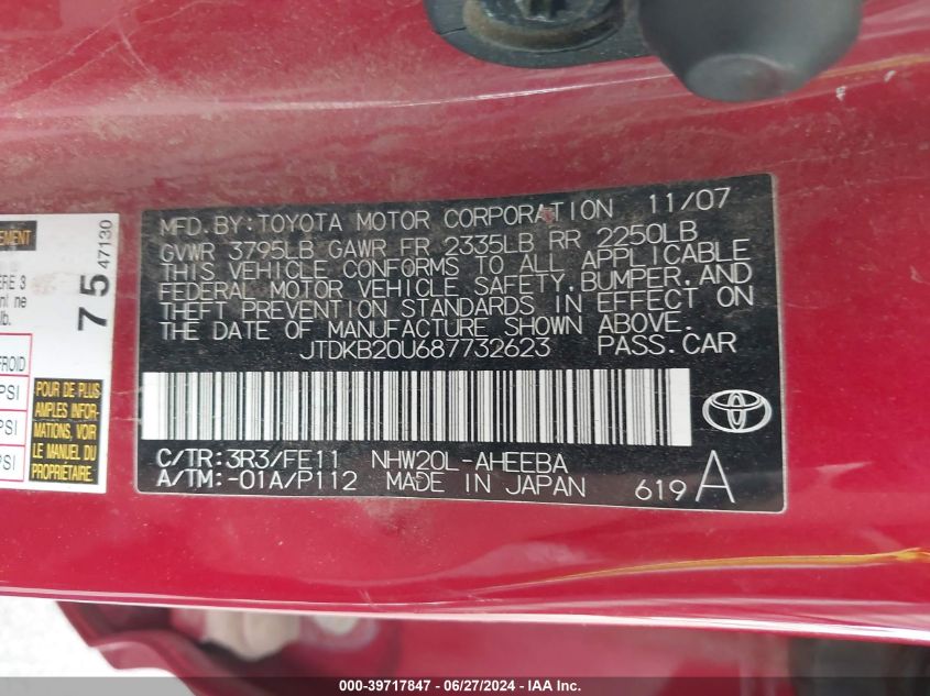 2008 Toyota Prius VIN: JTDKB20U687732623 Lot: 39717847