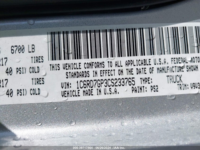 2012 Ram 1500 Slt VIN: 1C6RD7GP3CS233765 Lot: 39717864