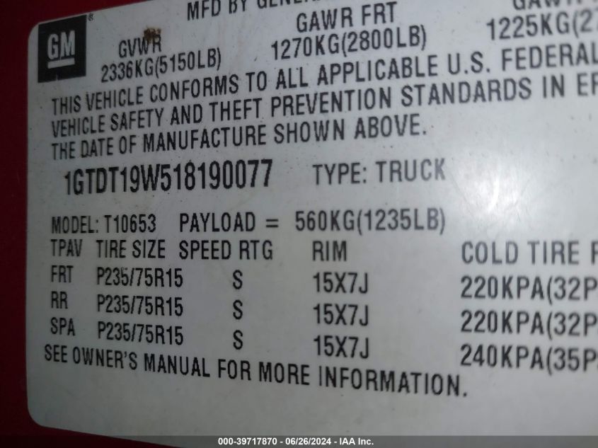 2001 GMC Sonoma Sls VIN: 1GTCS14591K120694 Lot: 39717870