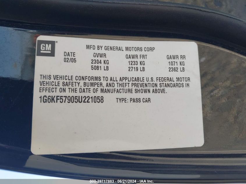 2005 Cadillac Deville Dts VIN: 1G6KF57905U221058 Lot: 39717883