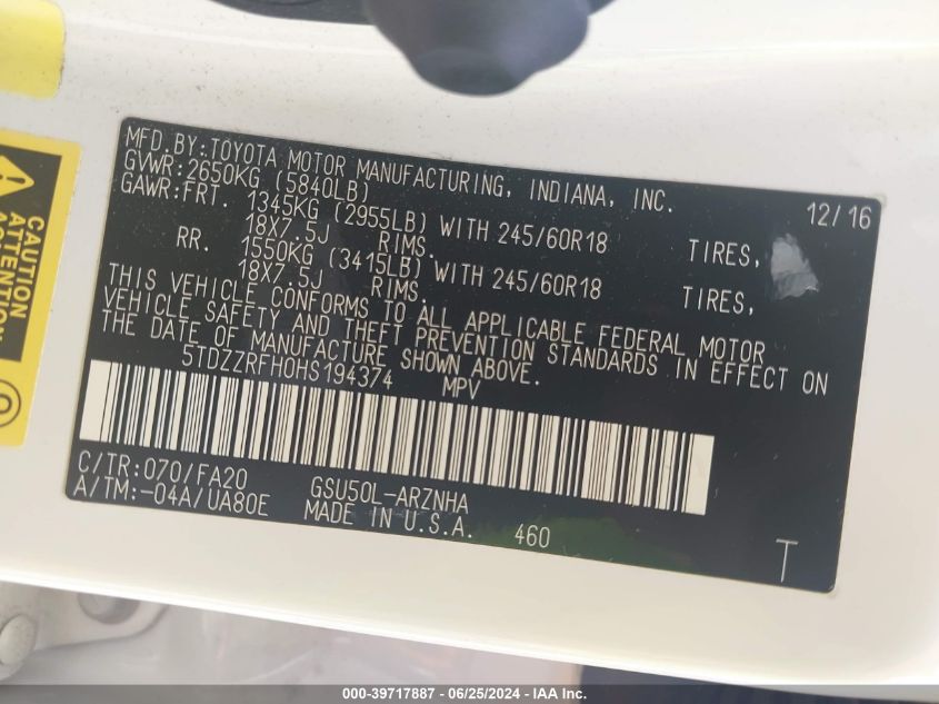 2017 Toyota Highlander Le Plus VIN: 5TDZZRFH0HS194374 Lot: 39717887