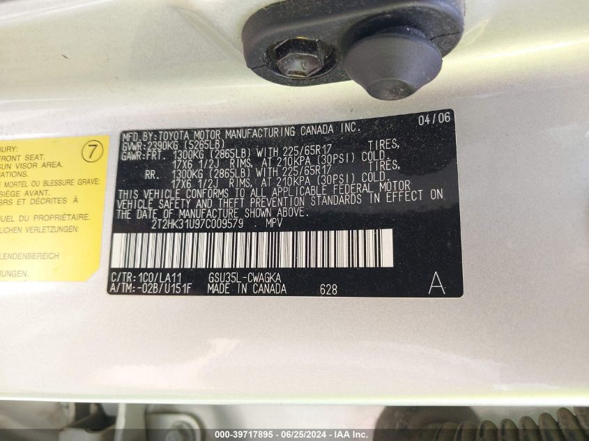 2007 Lexus Rx 350 VIN: 2T2HK31U97C009579 Lot: 39717895