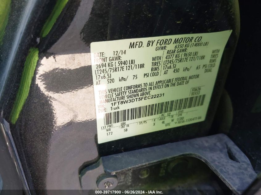 2015 Ford F-350 Lariat VIN: 1FT8W3DT5FEC22231 Lot: 39717900